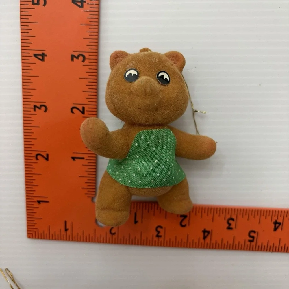 Vintage Flocked Bear Christmas Ornament Green Shirt 70s 80s